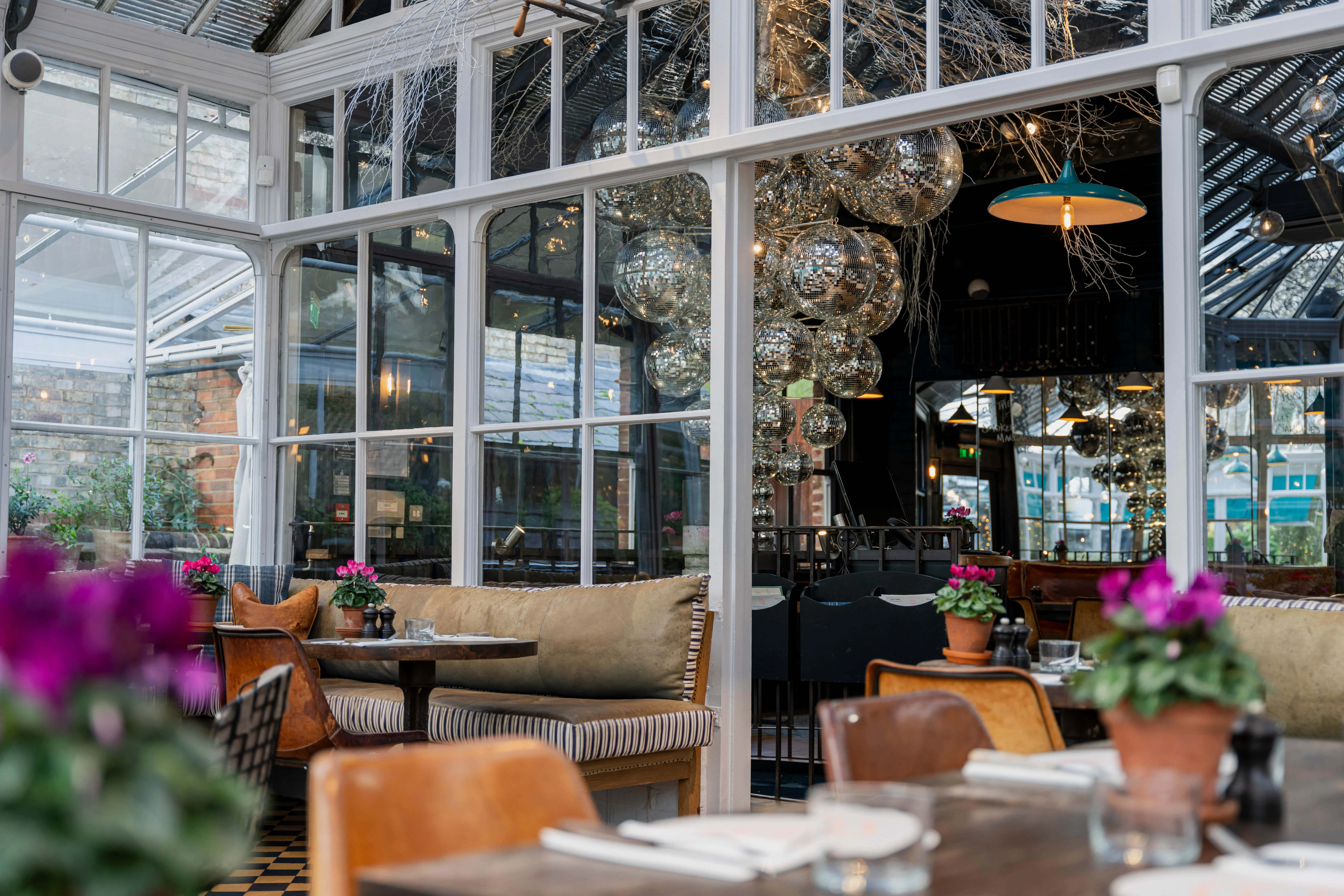 A7R04916 - 2023 - Gees Restaurant & Bar - Oxford - Low Res - Upside-down Disco Ball Christmas Tree Glasshouse